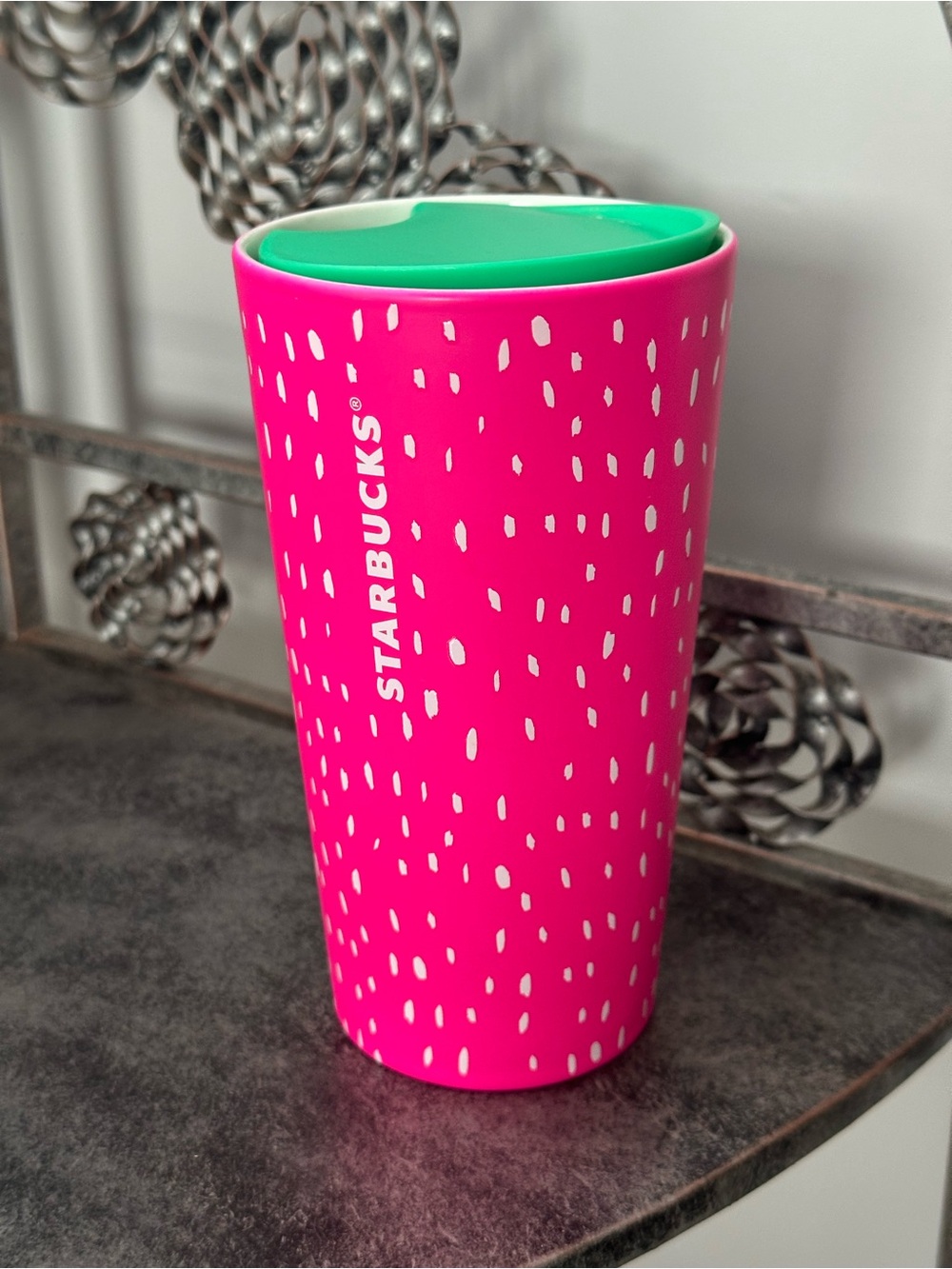 Starbucks Hot Pink Watermelon Travel Tumbler with Green Lid NWT